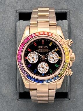 Seiko Rose Gold mod Daytona Watch with Rainbow Bezel and Black Dial Mens Watch
